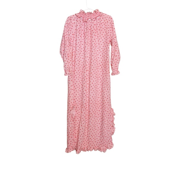 Vintage 70s Apple Gingham Long Sleeve Maxi Night Gown - Picture 2 of 5